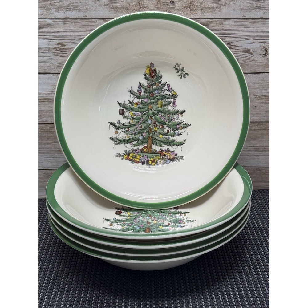 Set of 5 Spode Christmas Tree 8" Rim Soup Coupe Cereal Bowls EXCELLENT